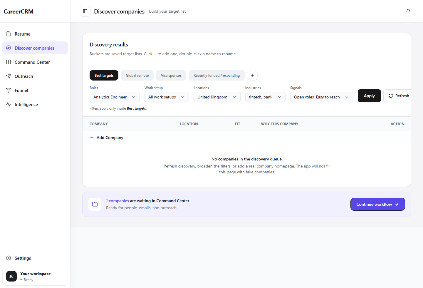CareerCRM Discover interface showing matched companies