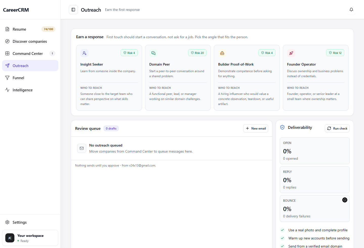 CareerCRM Outreach interface